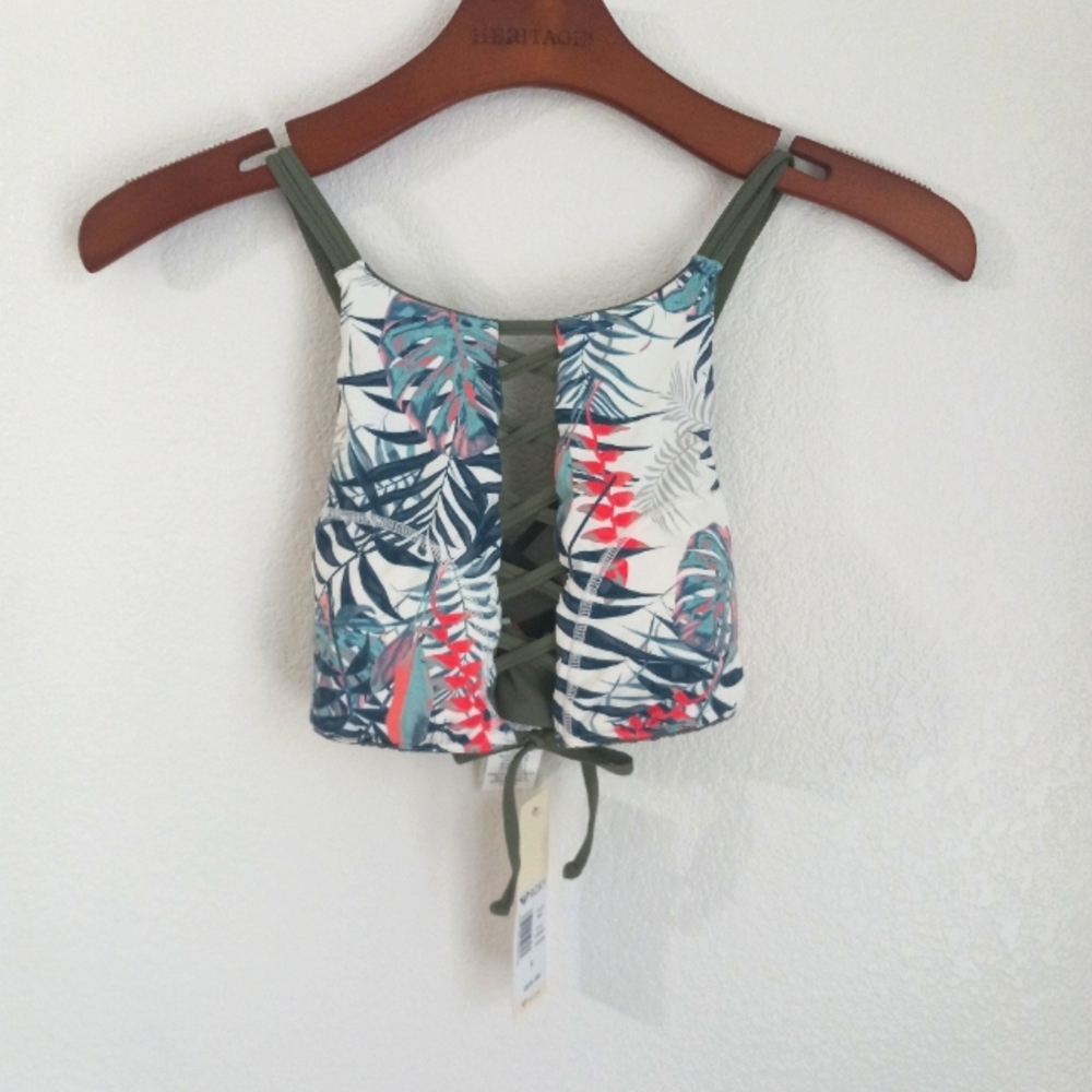 Roxy S Tropical String Tie Corset Front Halter Top in Teal Pink New!